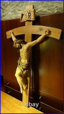 Vintage 35 Catholic Wood Carving Wall Crucifix Cross Jesus Christ Statue