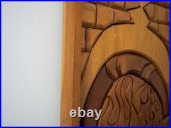 Vintage 46 x 14 Marquetry Wood Folk Art Sun and Snake Large Wood Mosaic Unique