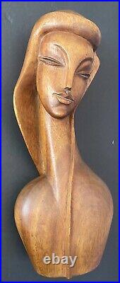Vintage 50's Mid Century Modern Teak Wood Sculpture Woman Bust Female Art Deco