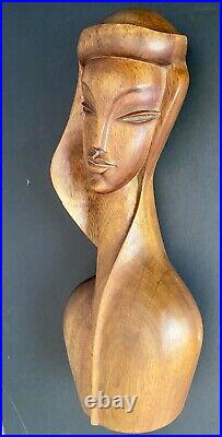 Vintage 50's Mid Century Modern Teak Wood Sculpture Woman Bust Female Art Deco