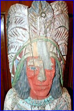 Vintage 60 Tall Hand Carved & Painted Wood Cigar Pipe Store Indian Sculpture