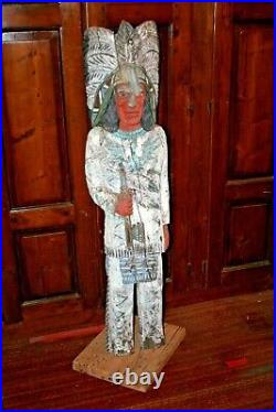 Vintage 60 Tall Hand Carved & Painted Wood Cigar Pipe Store Indian Sculpture