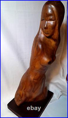 Vintage 60's Large Hand Carved 24 x 8 Woman Figurine Solid Wood Sculpture Teak