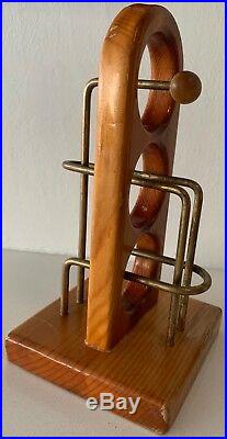 Vintage 60s Carved Wood Brass Mixed Media Sculpture Mid Century Modern Signed