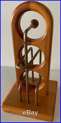 Vintage 60s Carved Wood Brass Mixed Media Sculpture Mid Century Modern Signed