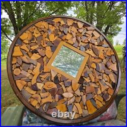Vintage 70's Large Wood Sculpture Wall Hanging Art Mirror By Chester Moyer 28x28