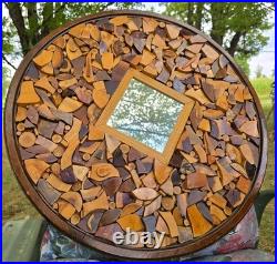 Vintage 70's Large Wood Sculpture Wall Hanging Art Mirror By Chester Moyer 28x28