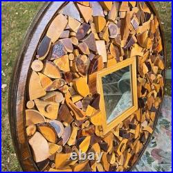 Vintage 70's Large Wood Sculpture Wall Hanging Art Mirror By Chester Moyer 28x28