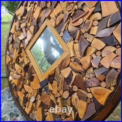 Vintage 70's Large Wood Sculpture Wall Hanging Art Mirror By Chester Moyer 28x28