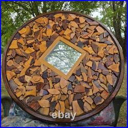 Vintage 70's Large Wood Sculpture Wall Hanging Art Mirror By Chester Moyer 28x28