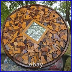 Vintage 70's Large Wood Sculpture Wall Hanging Art Mirror By Chester Moyer 28x28