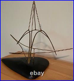 Vintage 70s Wire Wood Abstract Sculpture Mid Century Modern Art Object Signed