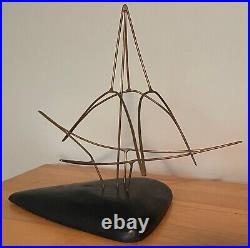 Vintage 70s Wire Wood Abstract Sculpture Mid Century Modern Art Object Signed