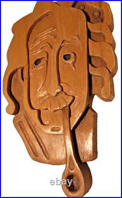 Vintage 70s Wood Wooden Carved Wall Art Mask Albert Einstein FOLKART Space NASA