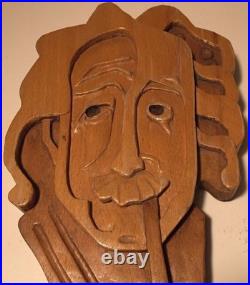 Vintage 70s Wood Wooden Carved Wall Art Mask Albert Einstein FOLKART Space NASA