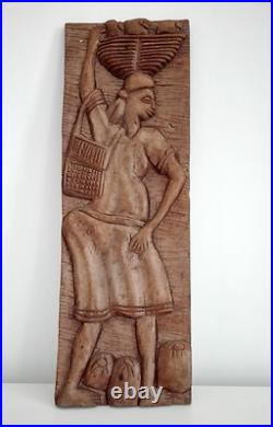 Vintage 80s 90s African traditional peasant themed wood sculpture wooden hanging