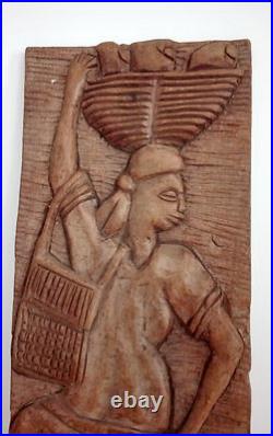 Vintage 80s 90s African traditional peasant themed wood sculpture wooden hanging