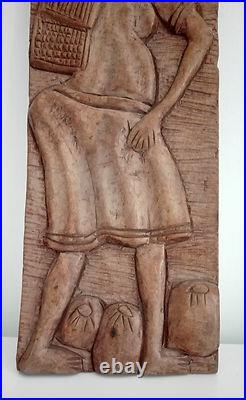 Vintage 80s 90s African traditional peasant themed wood sculpture wooden hanging