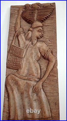 Vintage 80s 90s African traditional peasant themed wood sculpture wooden hanging