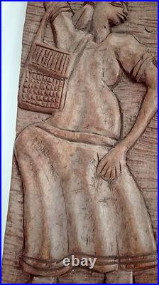 Vintage 80s 90s African traditional peasant themed wood sculpture wooden hanging