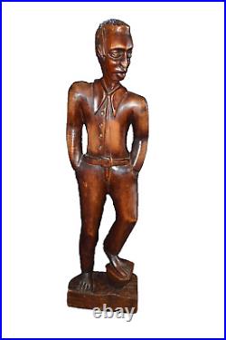 Vintage AFRICAN AMERICAN Sculpture Hand Wood Carving Of Young Man 26.5T