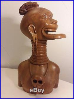 Vintage AFRICAN MAN WOOD ART CARVING Native SCULPTURE Shrunken HEAD! 14.5 RING