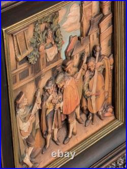 Vintage ANRI Italy Wood Carving Wall Plaque Carl Spitzweg Spanish Serenade