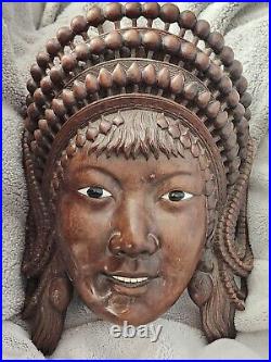 Vintage ART WOOD Carving STATUE BALINESE Janger DANCER Sculpture Mask Woman Bali