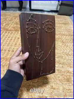 Vintage Abstract Modernist Face Wire Sculpture On Wood Artist Hand Made