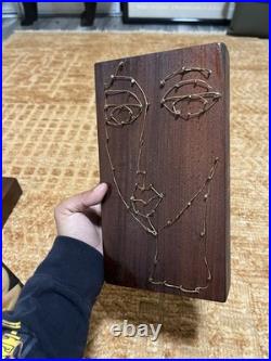 Vintage Abstract Modernist Face Wire Sculpture On Wood Artist Hand Made