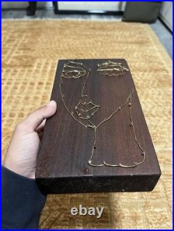 Vintage Abstract Modernist Face Wire Sculpture On Wood Artist Hand Made