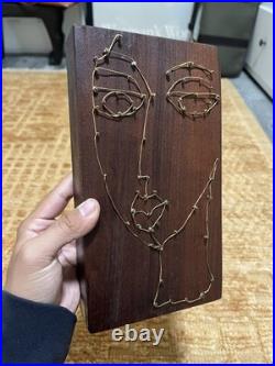 Vintage Abstract Modernist Face Wire Sculpture On Wood Artist Hand Made