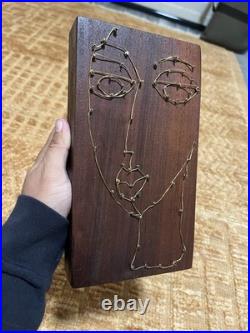 Vintage Abstract Modernist Face Wire Sculpture On Wood Artist Hand Made