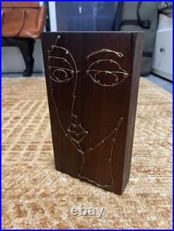 Vintage Abstract Modernist Face Wire Sculpture On Wood Artist Hand Made