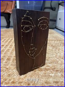 Vintage Abstract Modernist Face Wire Sculpture On Wood Artist Hand Made