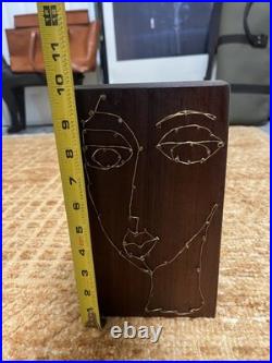 Vintage Abstract Modernist Face Wire Sculpture On Wood Artist Hand Made