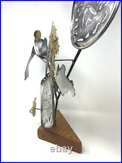 Vintage Abstract Sculpture Brutalist Metal Torch Cut Mounted Wood Base