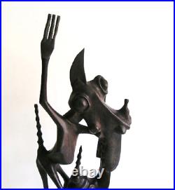 Vintage African Alien Creature Hand Carved Wood Sculpture By MORISI