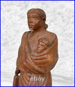 Vintage African Figural Woman & Baby Wood Carved Sculpture