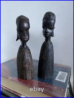 Vintage African Figure Sculpture Tribal Art Carved Ebony Black Wood Pair Heavy