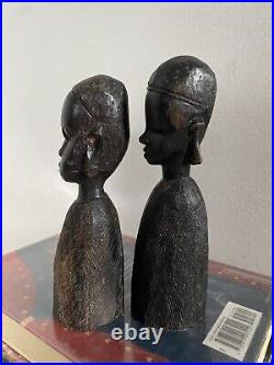 Vintage African Figure Sculpture Tribal Art Carved Ebony Black Wood Pair Heavy