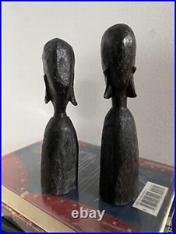 Vintage African Figure Sculpture Tribal Art Carved Ebony Black Wood Pair Heavy