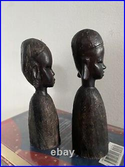 Vintage African Figure Sculpture Tribal Art Carved Ebony Black Wood Pair Heavy