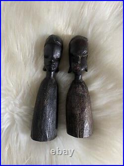 Vintage African Figure Sculpture Tribal Art Carved Ebony Black Wood Pair Heavy