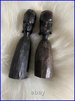 Vintage African Figure Sculpture Tribal Art Carved Ebony Black Wood Pair Heavy