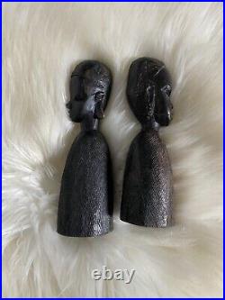 Vintage African Figure Sculpture Tribal Art Carved Ebony Black Wood Pair Heavy