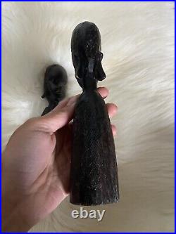 Vintage African Figure Sculpture Tribal Art Carved Ebony Black Wood Pair Heavy