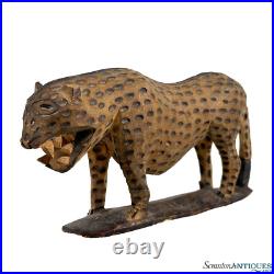 Vintage African Folk Art Carved Wood Jaguar Leopard Sculpture