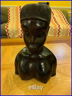 Vintage African Hand Carved Ebony Wood Sculpture Female Head Bust 12'' Tall