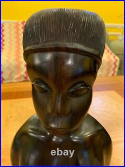Vintage African Hand Carved Ebony Wood Sculpture Female Head Bust 12'' Tall
